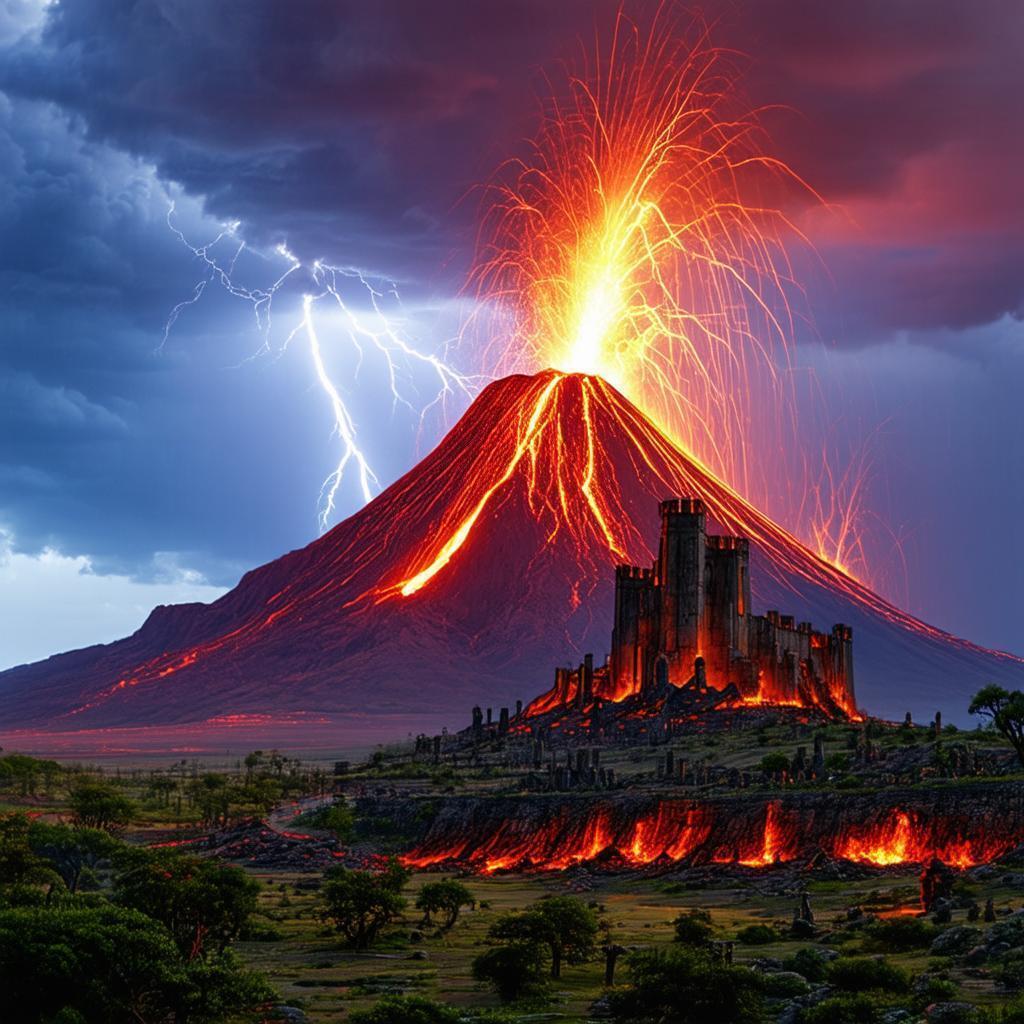 Volcano and Necropolis Under Lightning Skies