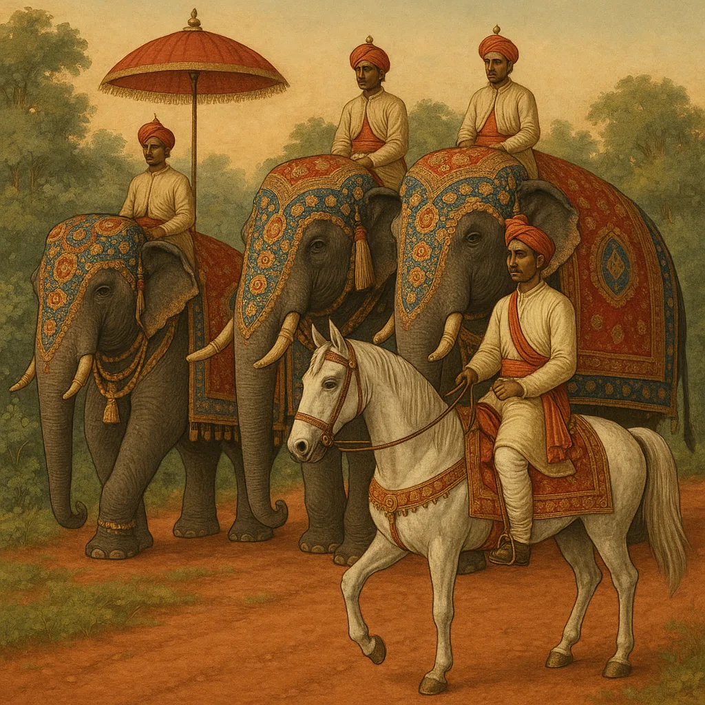 Ceremonial Procession Featuring Two Elaborately Decorated Elephants