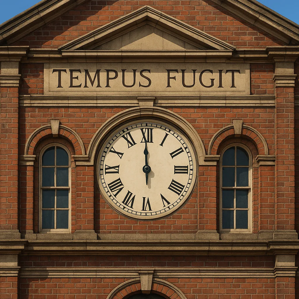 Historic Building Facade Featuring a Central Clock Showing 12 O'clock