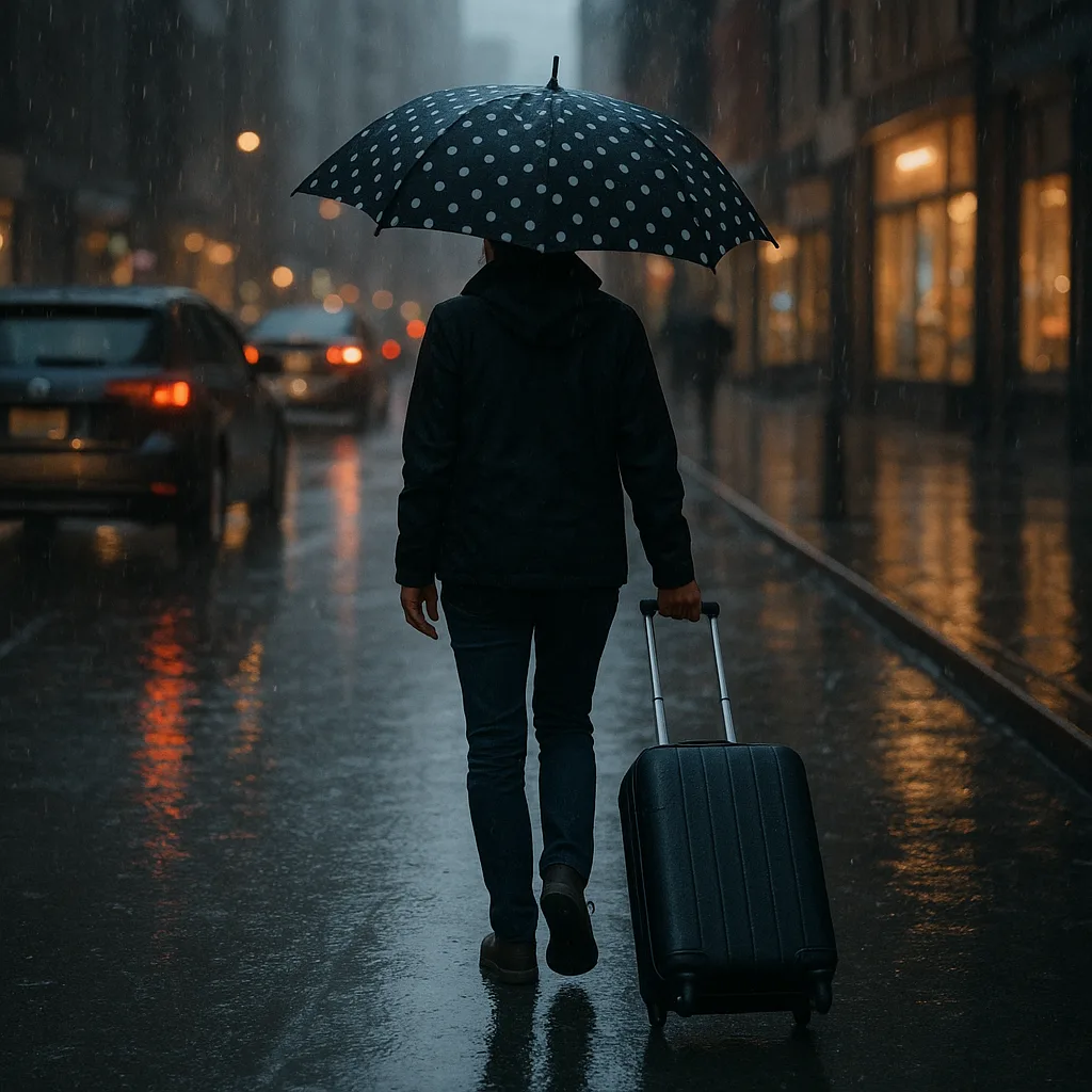 Person Walks on a Rainy City Street Holding a Polka-dot