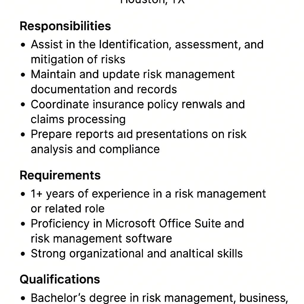 Job Posting for a Risk Management Assistant Position in Houston