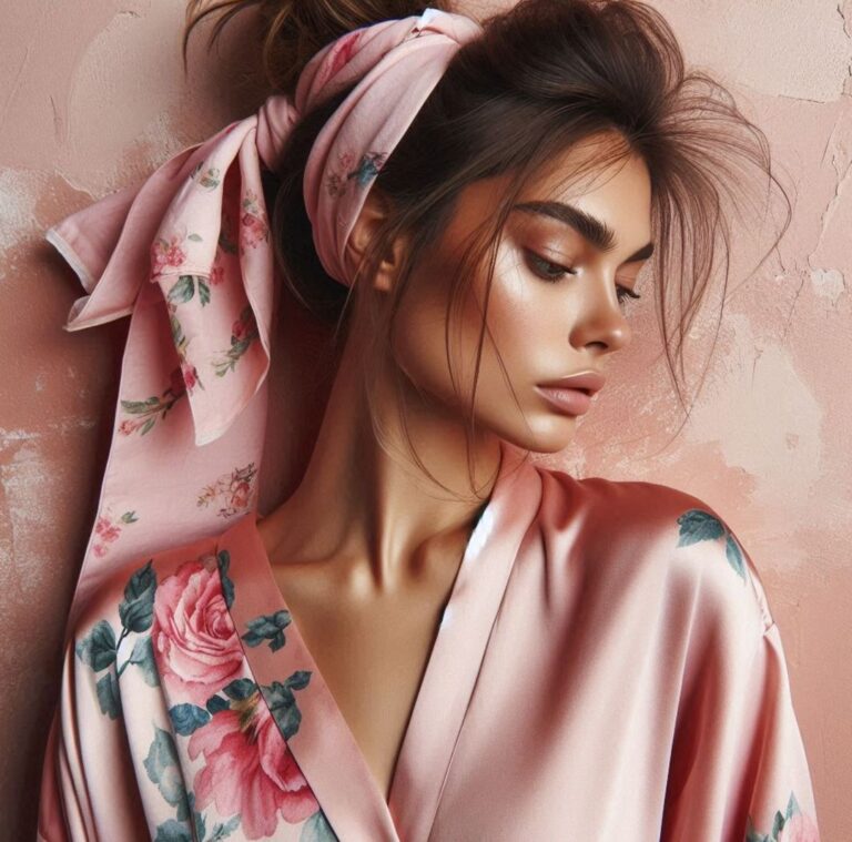 Silk Floral Robe Against Pink Backdrop