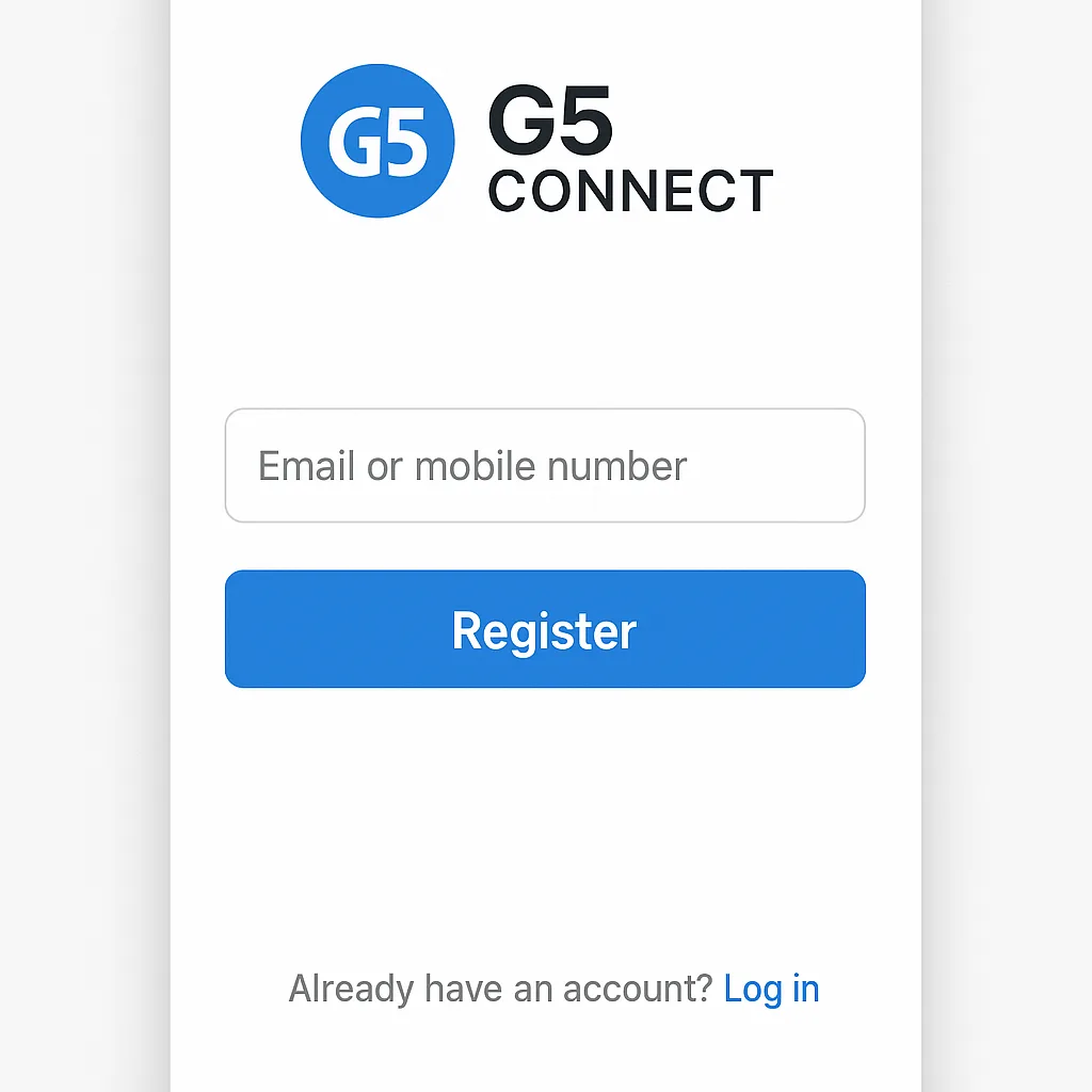 Mobile App Registration Screen Featuring the "G5 Connect" Logo