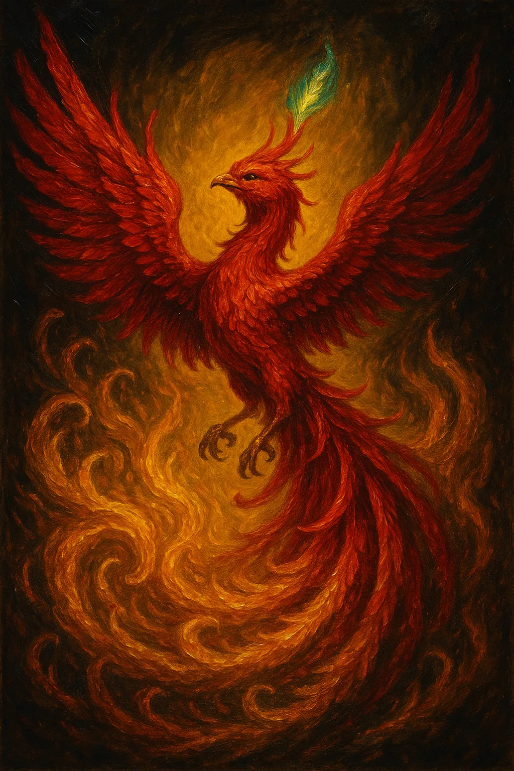 Depict a Vivid Scene of a Regal Crimson Phoenix Ascending