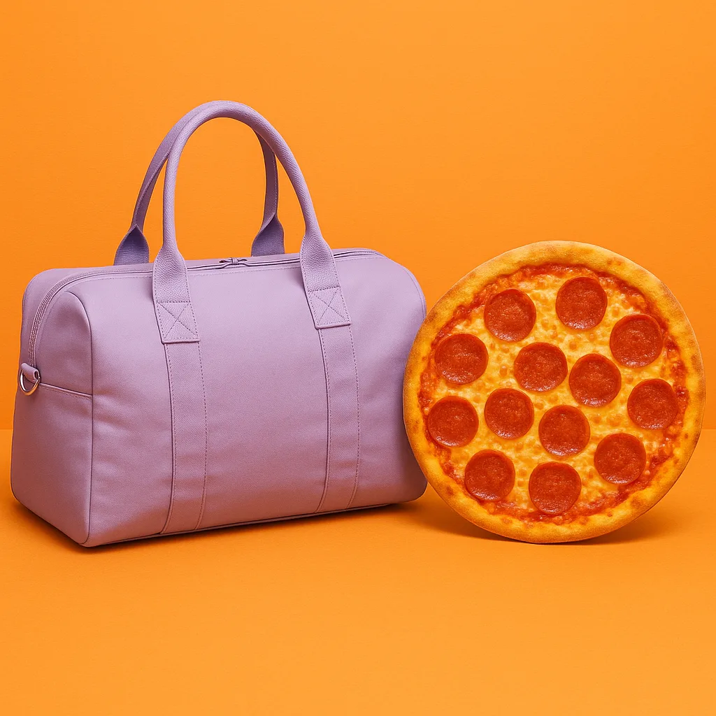 Purple-toned Suitcase and an Orange-hued Pizza