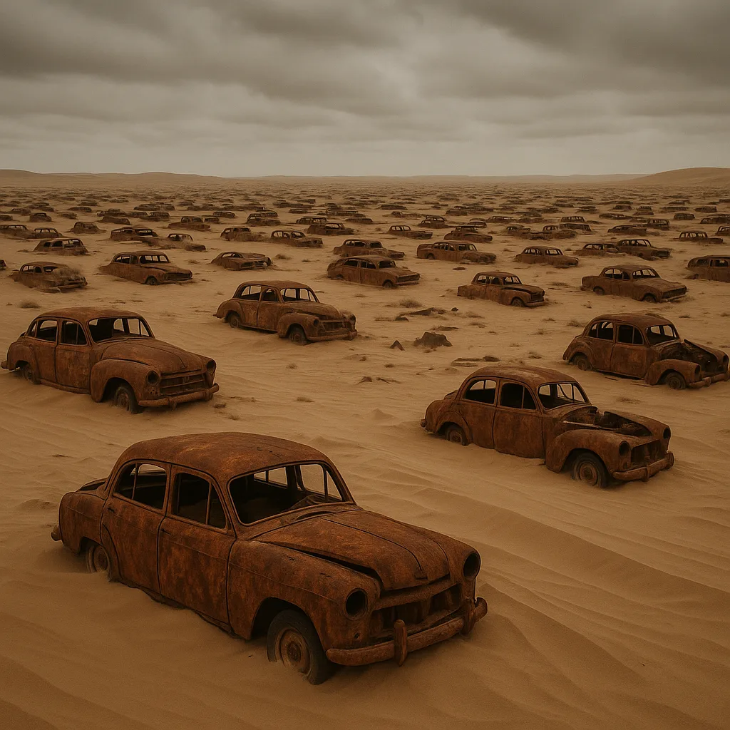 Sprawling Graveyard of Countless Rusted Cars Lies