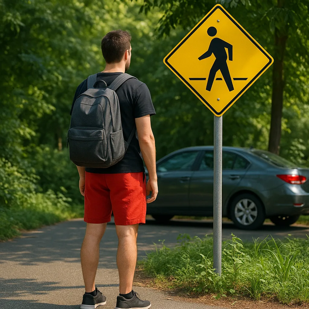 Man Wearing a Backpack and Bright Red Shorts Stands