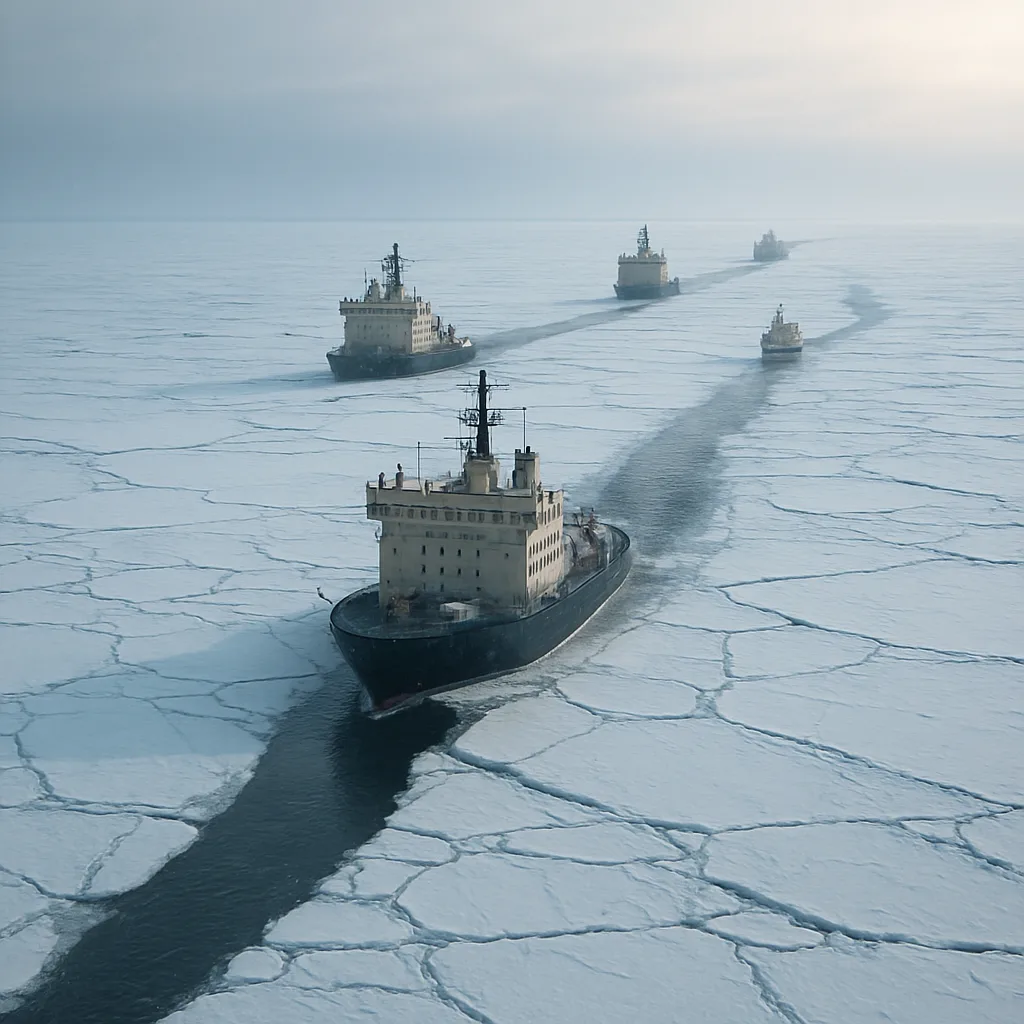 Distant Flotilla of Icebreaker Ships Carves a Path