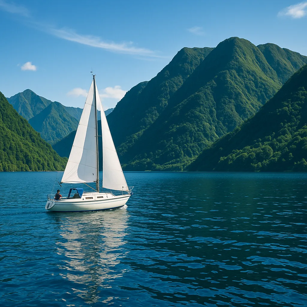 Tiny Sailboat Drifting over a Serene Blue Lake