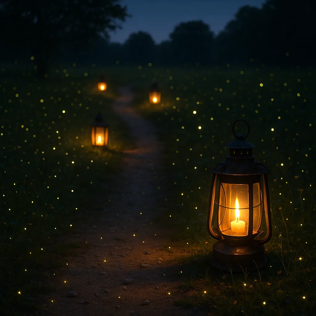 Lanterns Radiating Light Illuminate a Rugged Trail at Twilight