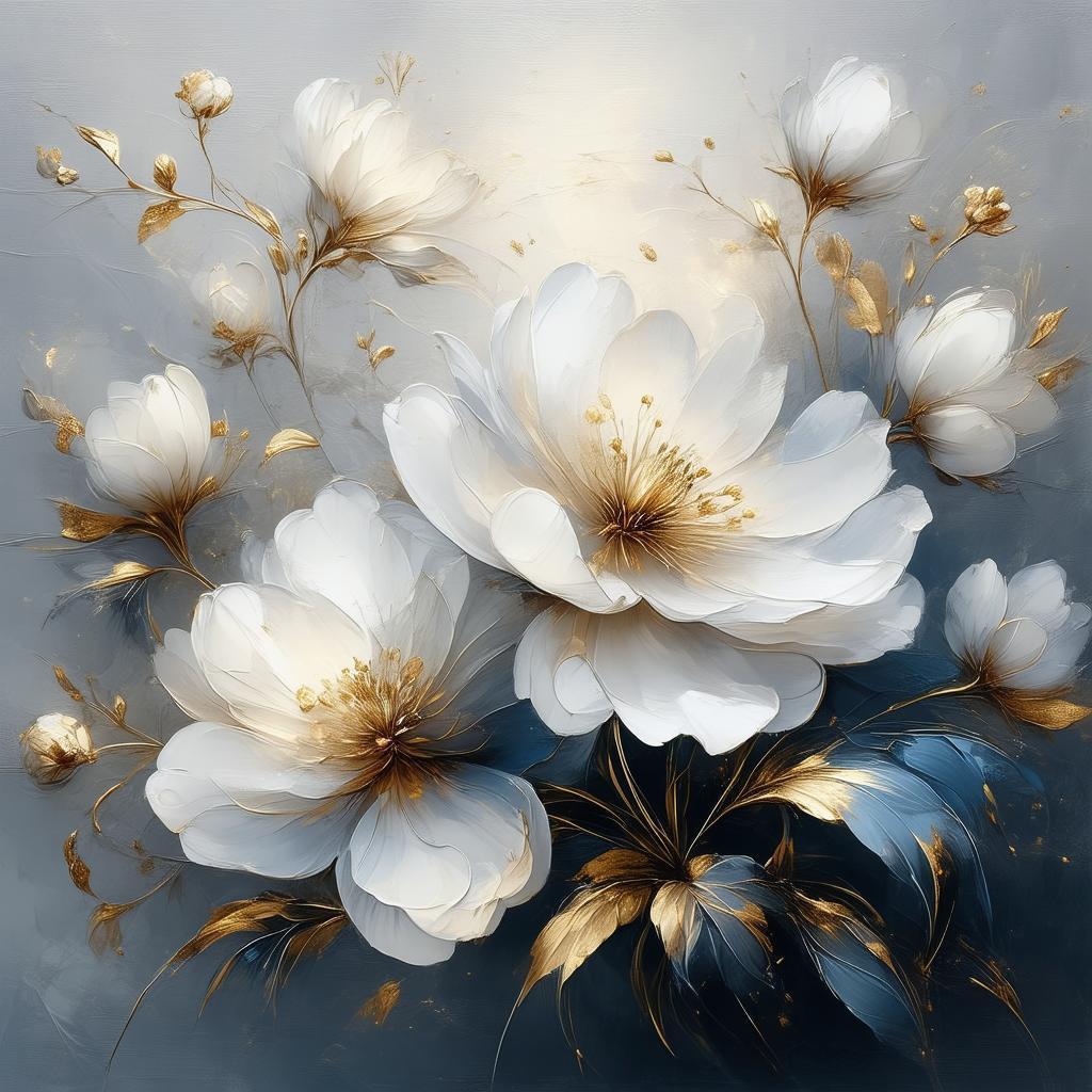 White and Gold Flowers on Soft Gray