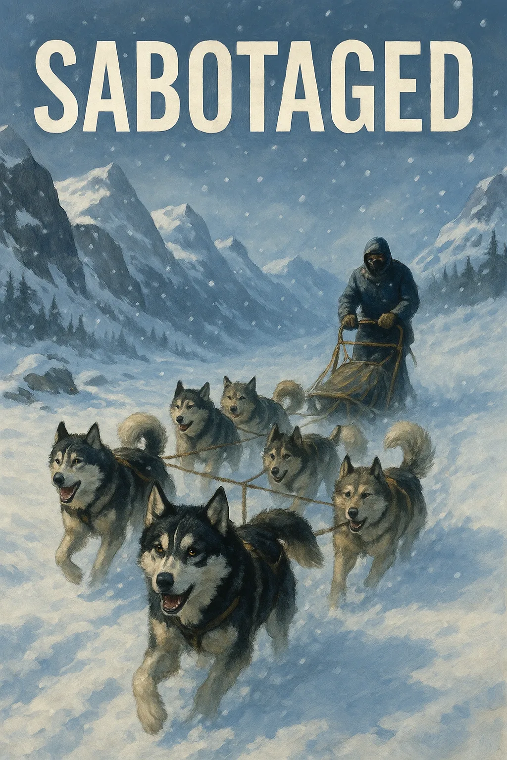 Snowy Mountain Landscape with Sled Dogs Pulling a Musher