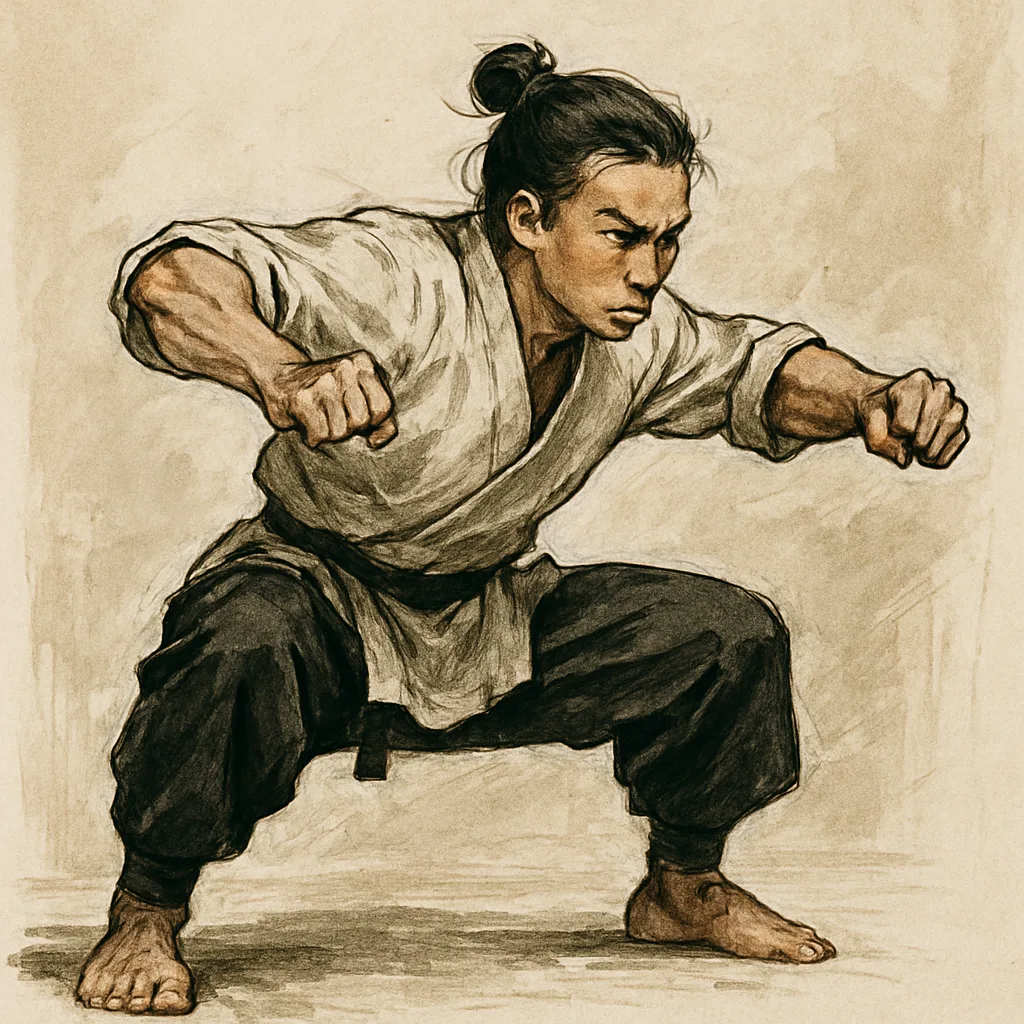 Resolute Figure Portrayed in a Dynamic Martial Arts Pose