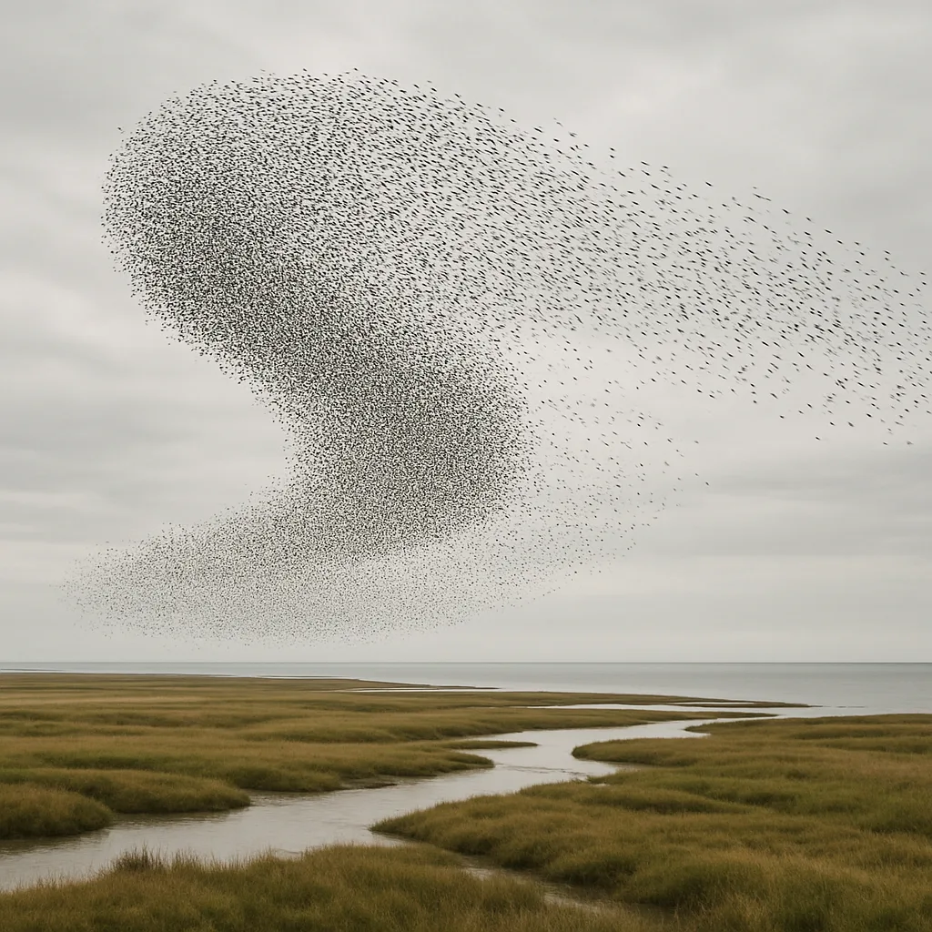 Vast Murmuration of Thousands of Starlings Sweeps in Complex Patterns