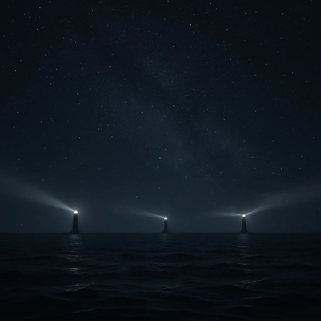 Three Distant Lighthouses Cast Faint