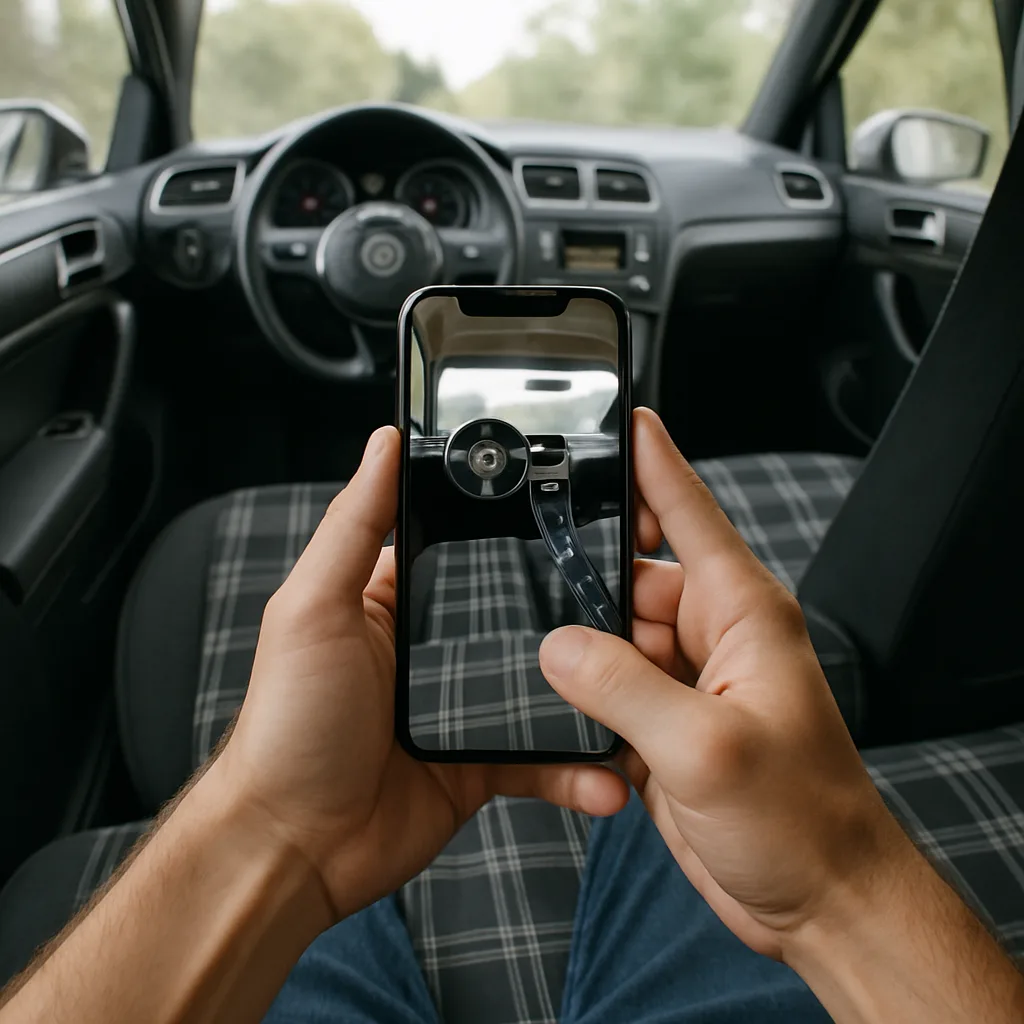 Person Holding a Cellphone Camera Inside a Car