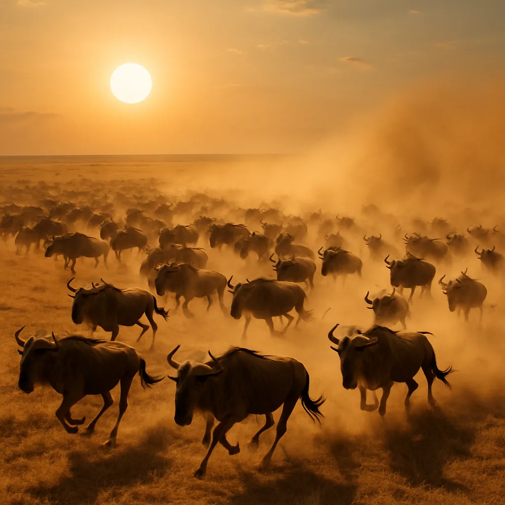 Vast Herd of Wildebeest Thunders Across an Endless Savanna Plain