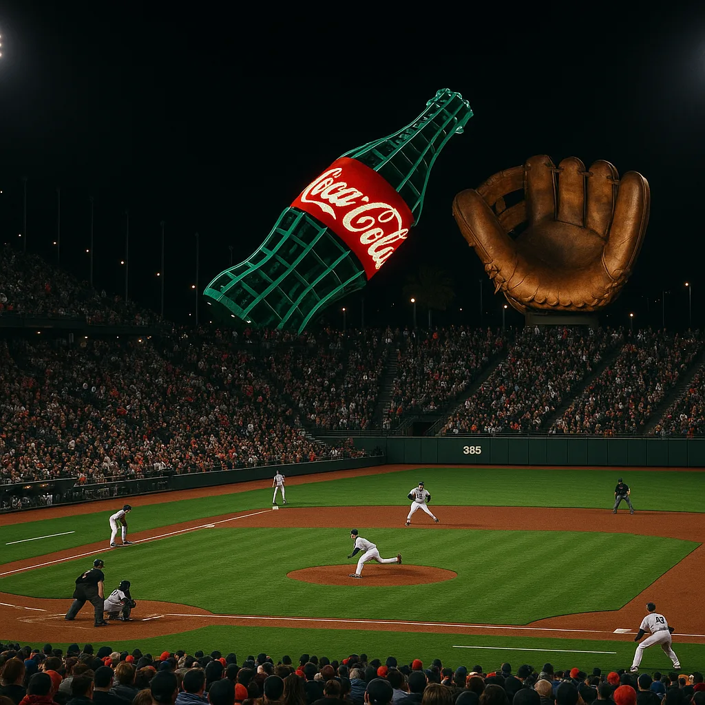 Nighttime Baseball Game with a Large Illuminated Coca-Cola Bottle