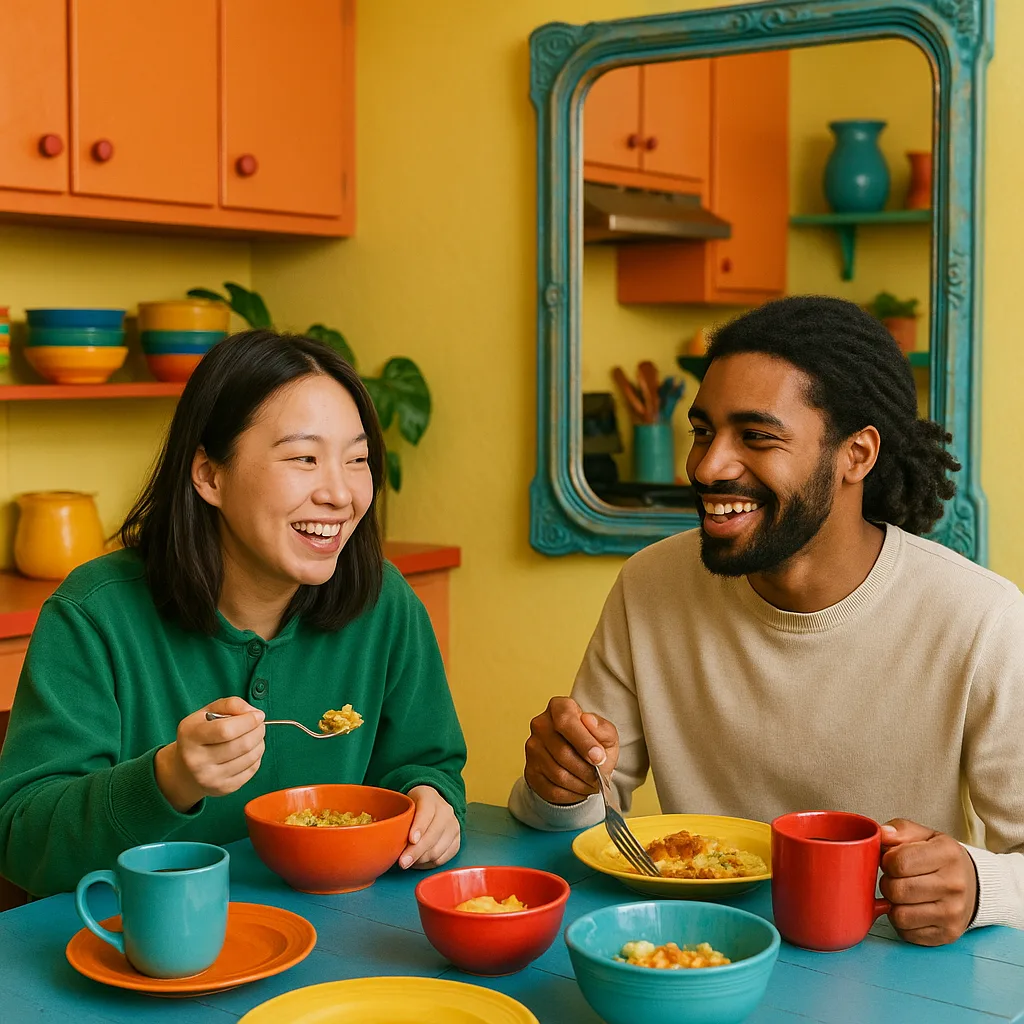 Two People Dining at a Table with Colorful Bowls