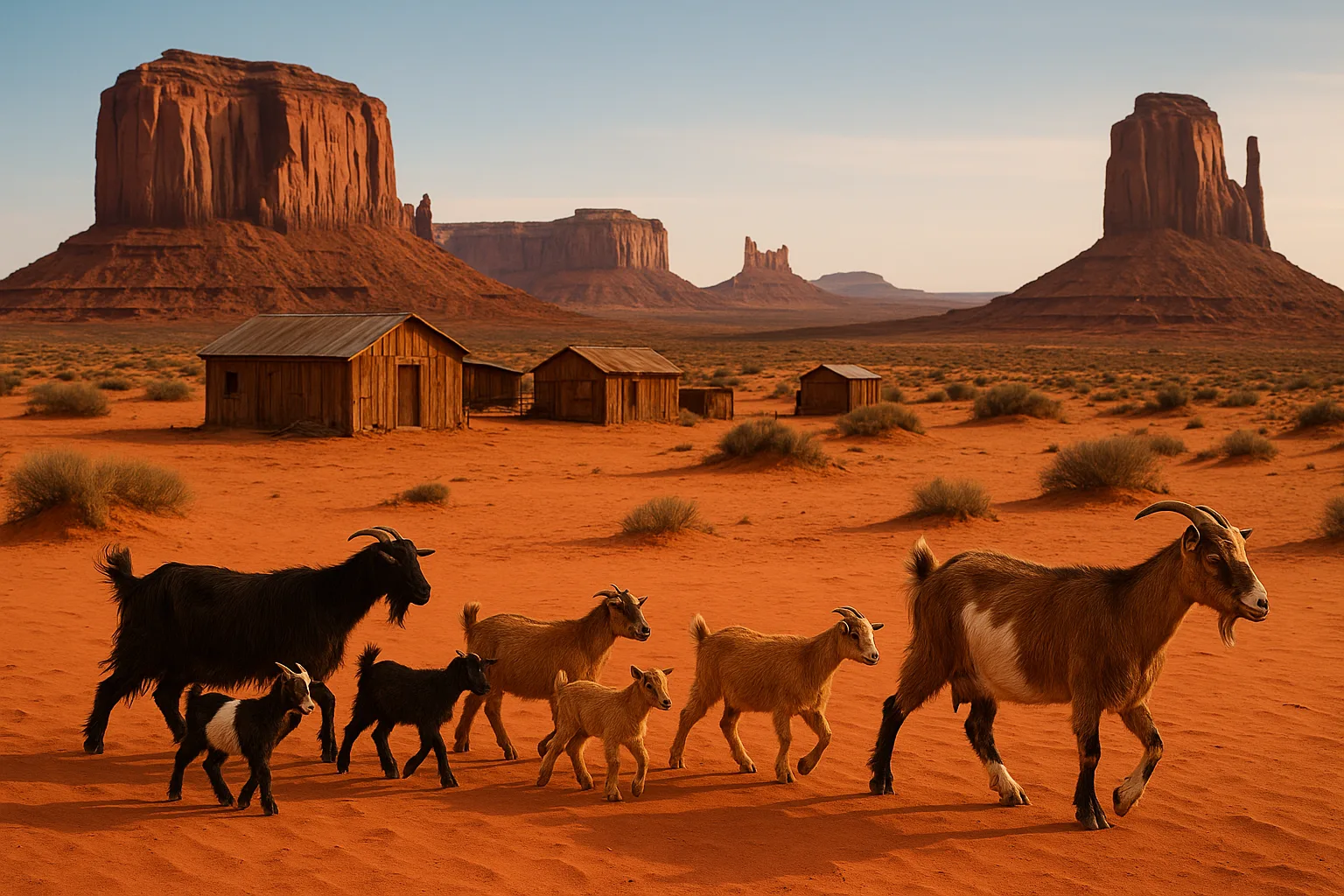 Group of Goats Walking Across a Red Desert Landscape