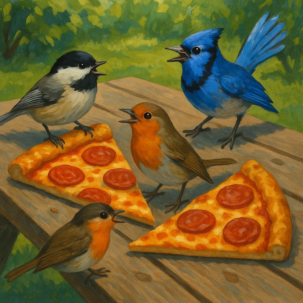 Vibrant Moment Featuring Three Birds Sitting Close to Two Pizza
