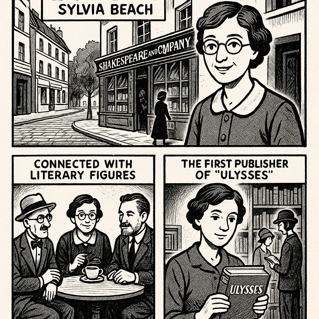 Black-and-white Comic Panel Highlighting the Life of Sylvia Beach