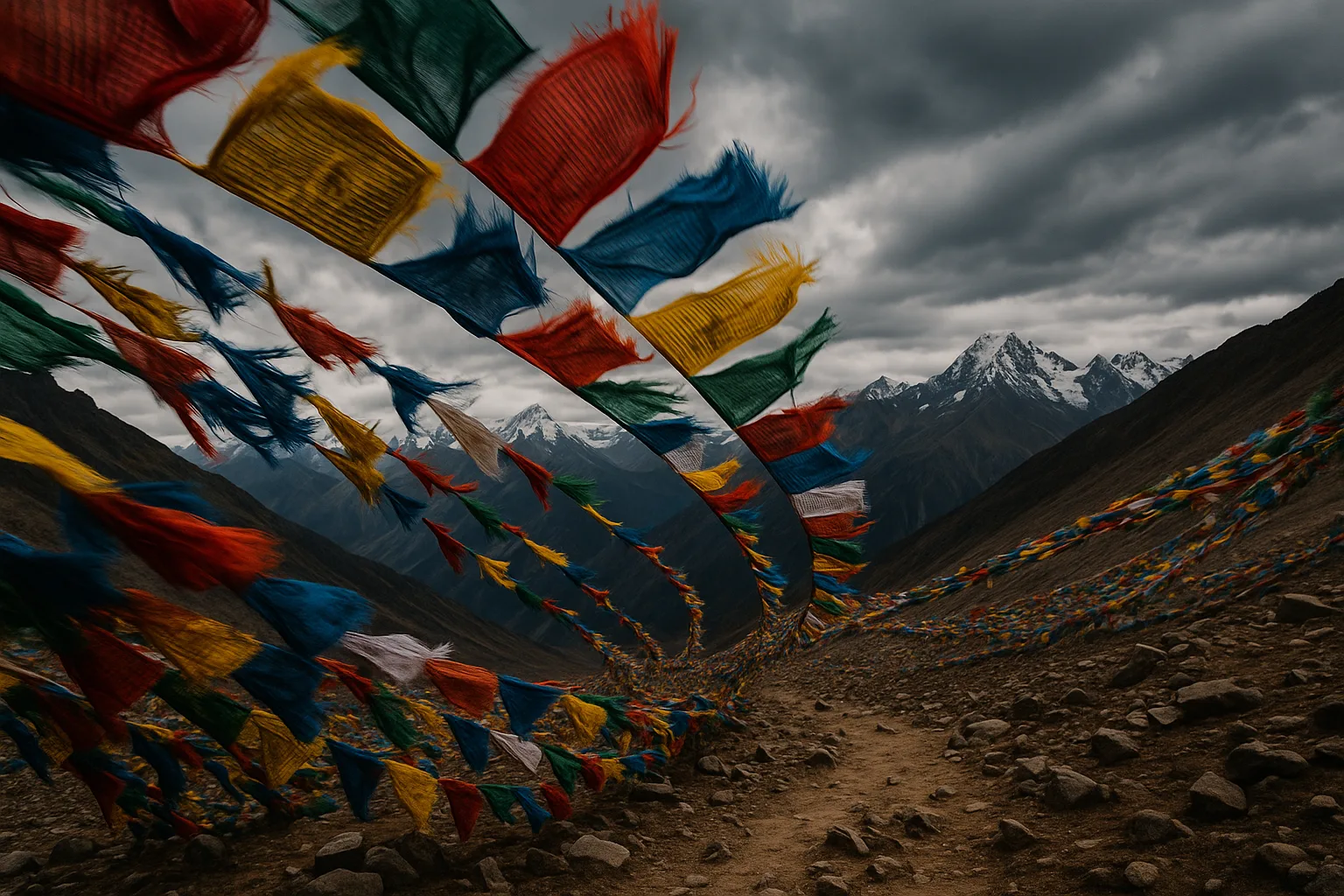 Myriad Colorful Prayer Flags Flutter Violently in the Wind Along