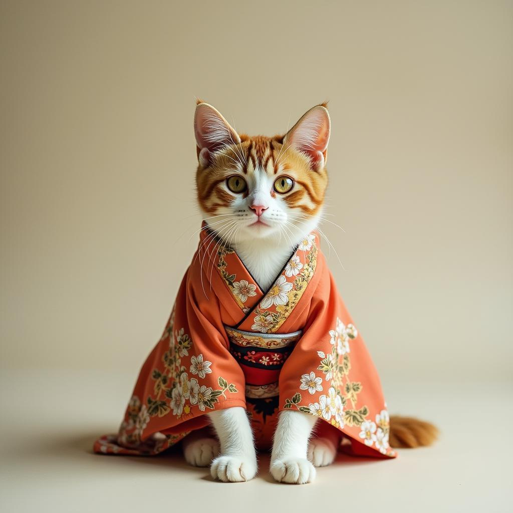 Kimono Clad Cat on a Neutral Backdrop