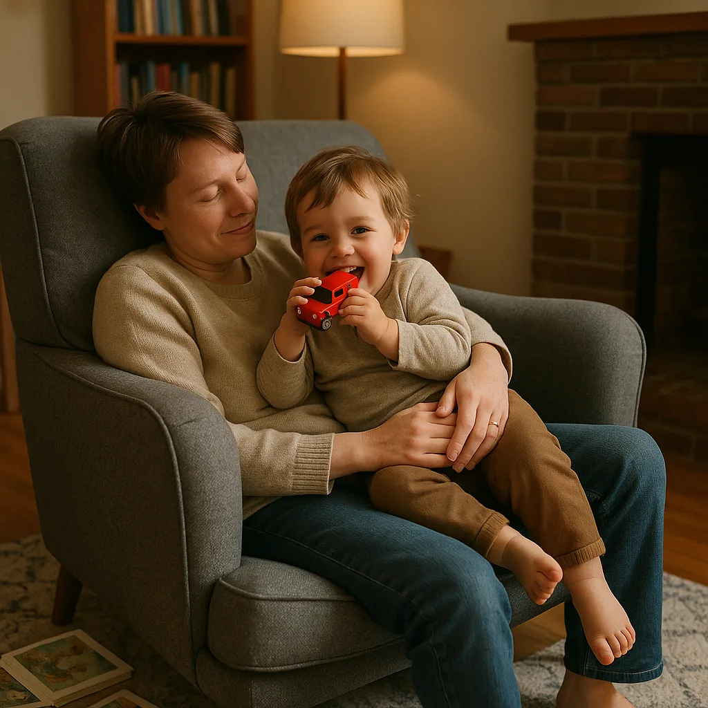 Adult Lounges Back on a Gray Armchair