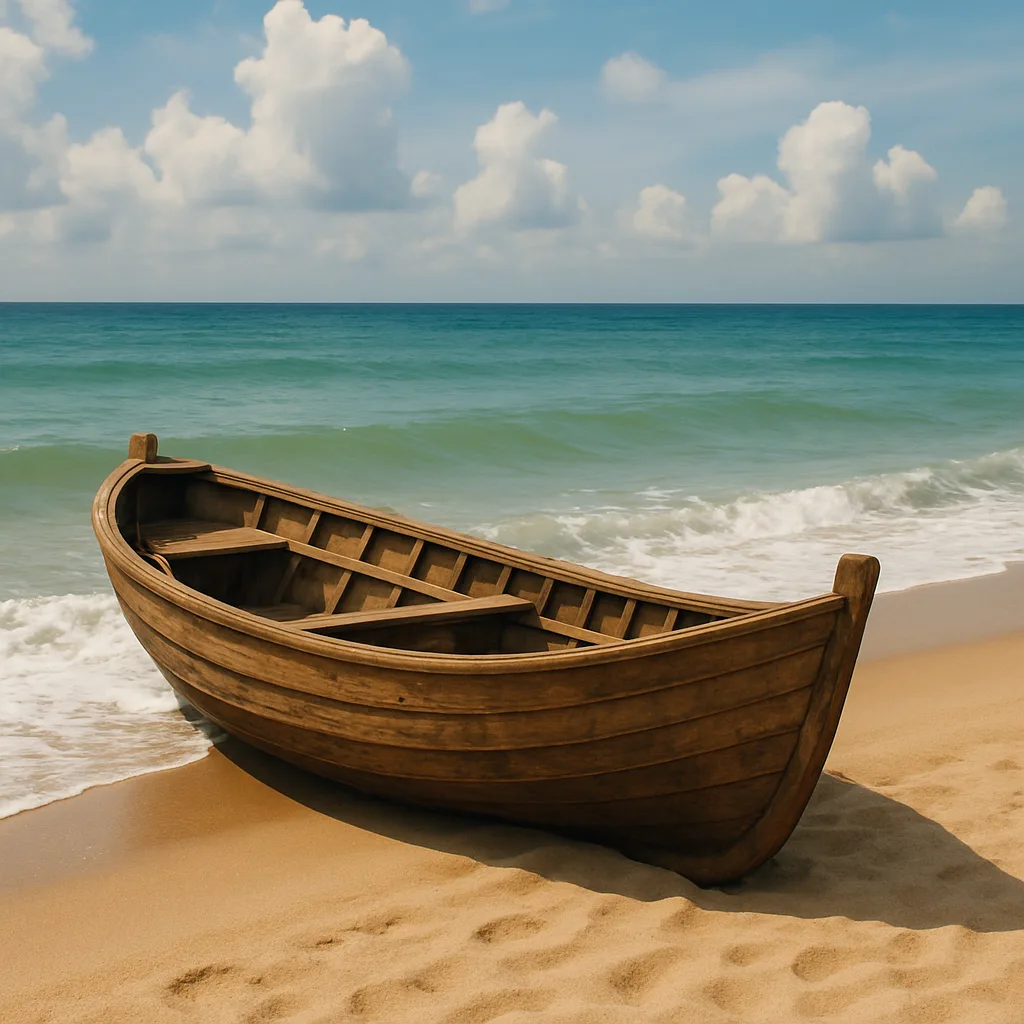 Wooden Vessel Positioned on a Tranquil Sandy Beach