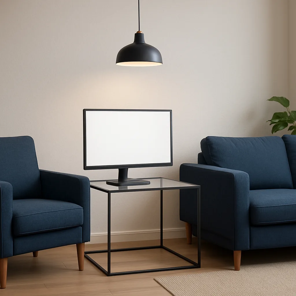 Contemporary Living Room Design Features a Streamlined Flat-screen Monitor Resting