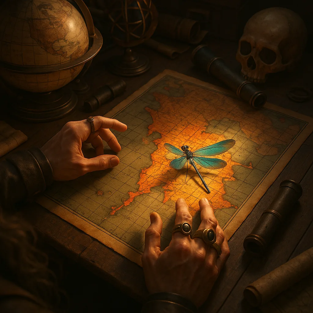 Long-haired Steampunk Figure's Ringed Hands Gently Approach a Damselfly