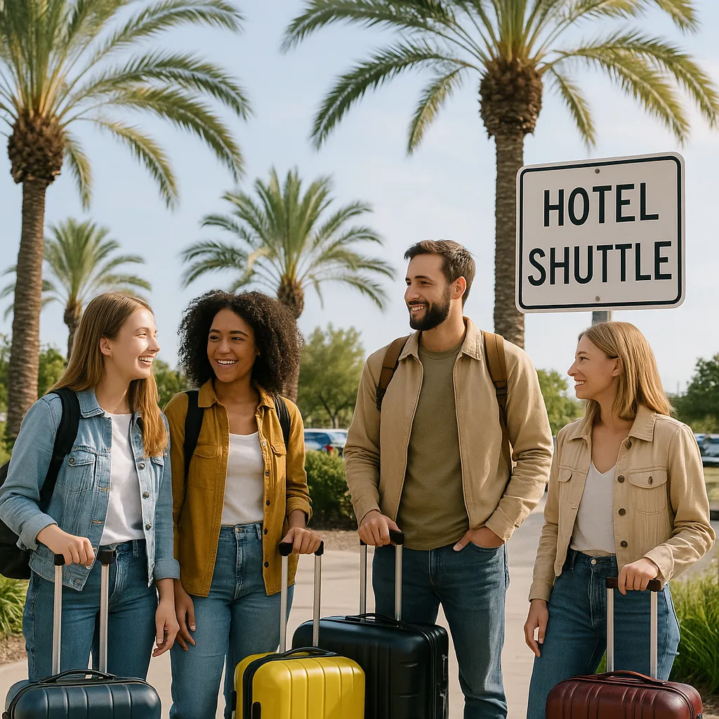 Group of Travelers with Luggage Standing Outside near Palm Trees
