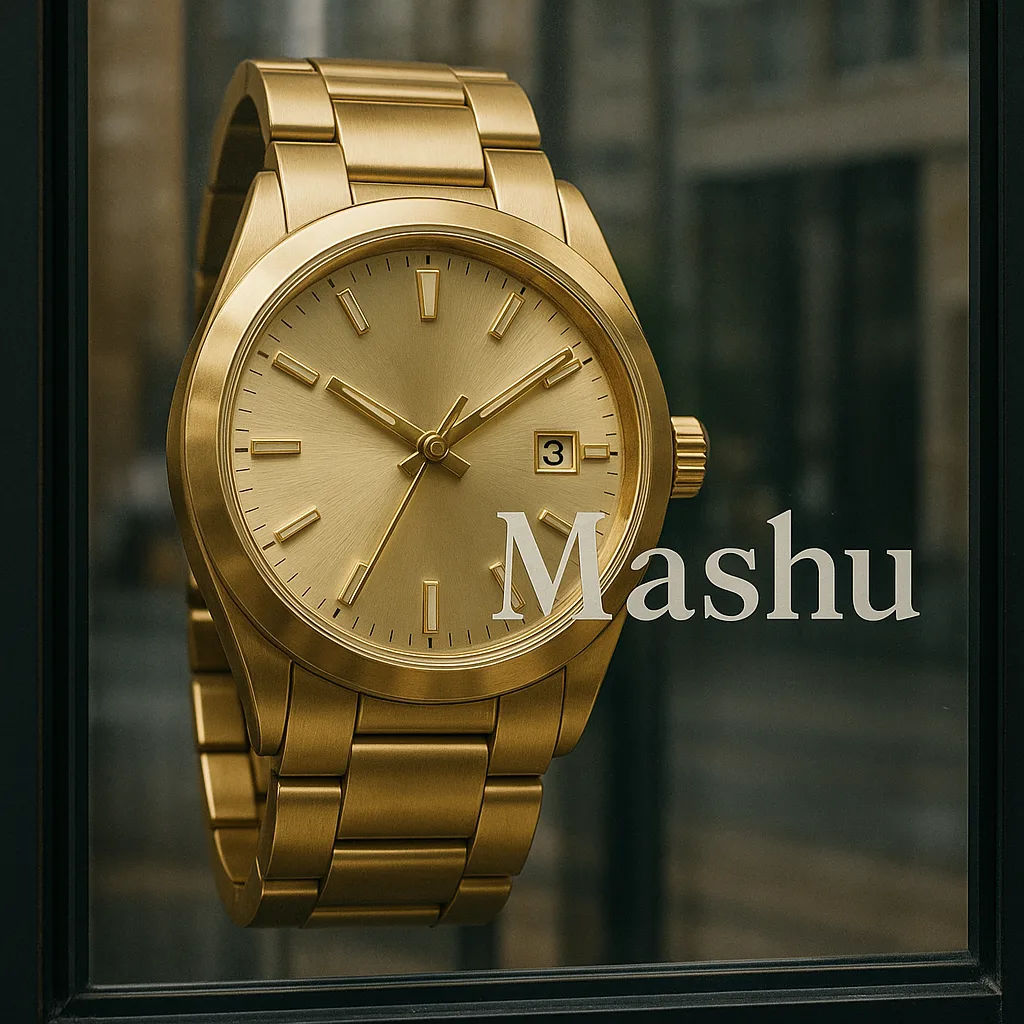 Large Gold Wristwatch Displayed Behind a Window