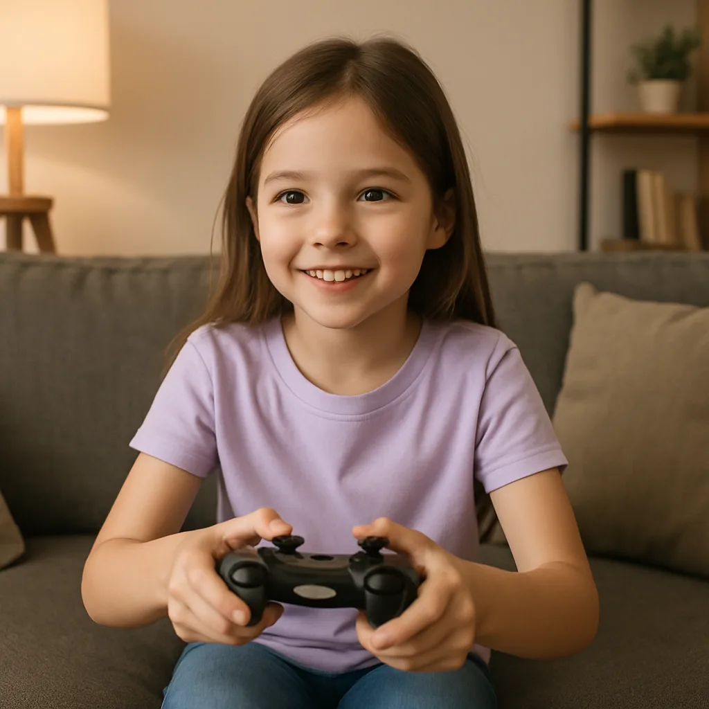 Girl Wearing a Light Purple Shirt Plays a Video Game