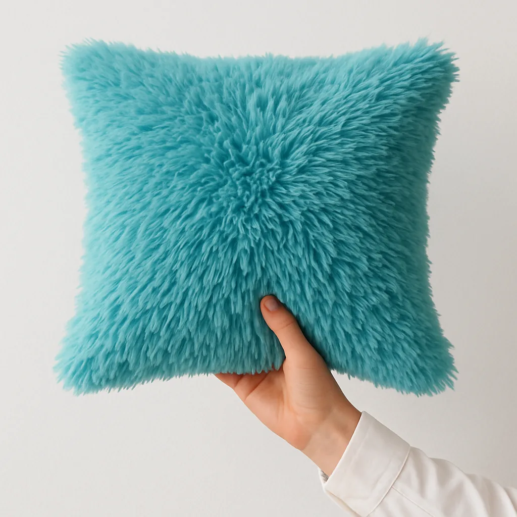 Person Wearing a White Sleeve Holds a Fluffy Turquoise Pillow