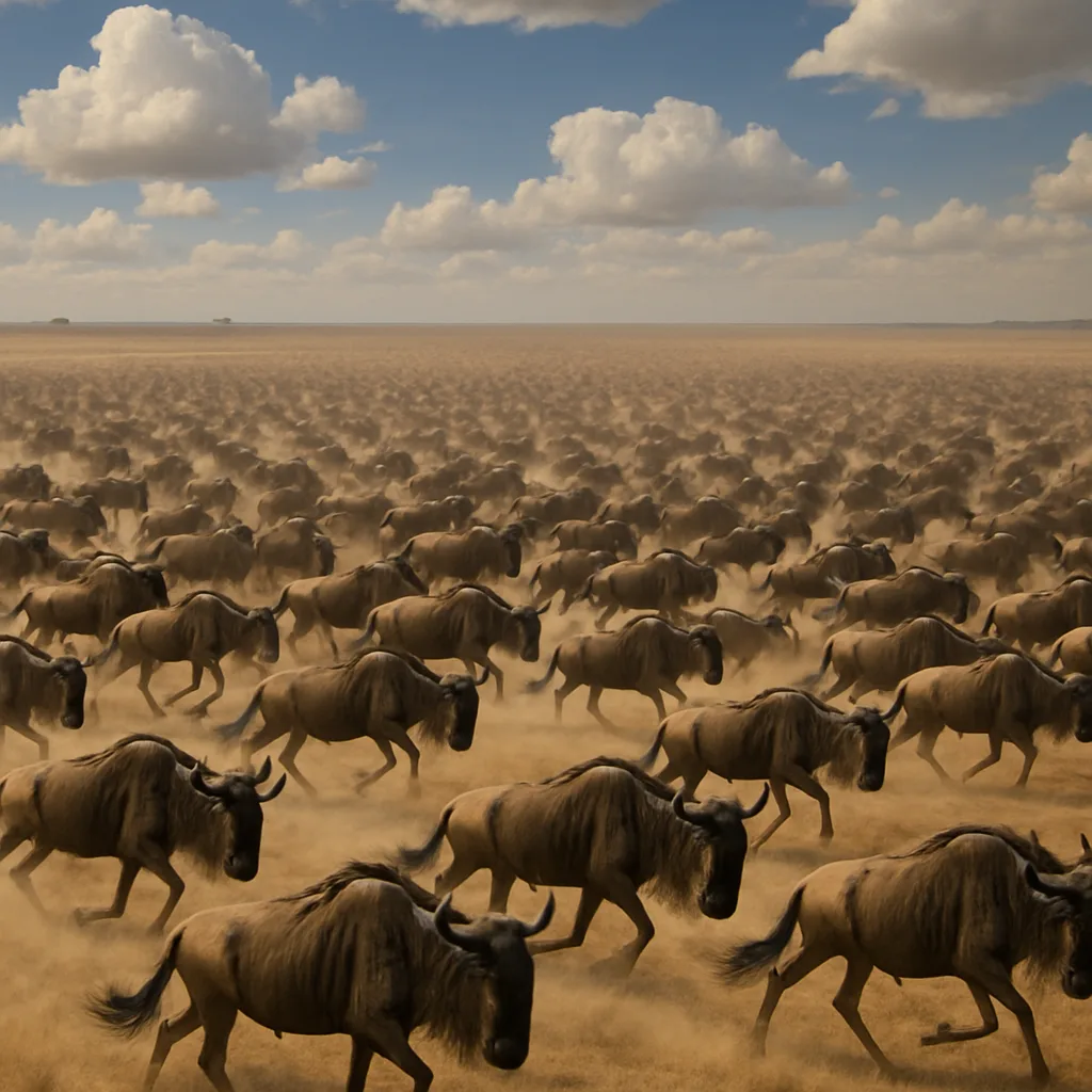 Massive Herd of Countless Wildebeest Thunders Across a Vast