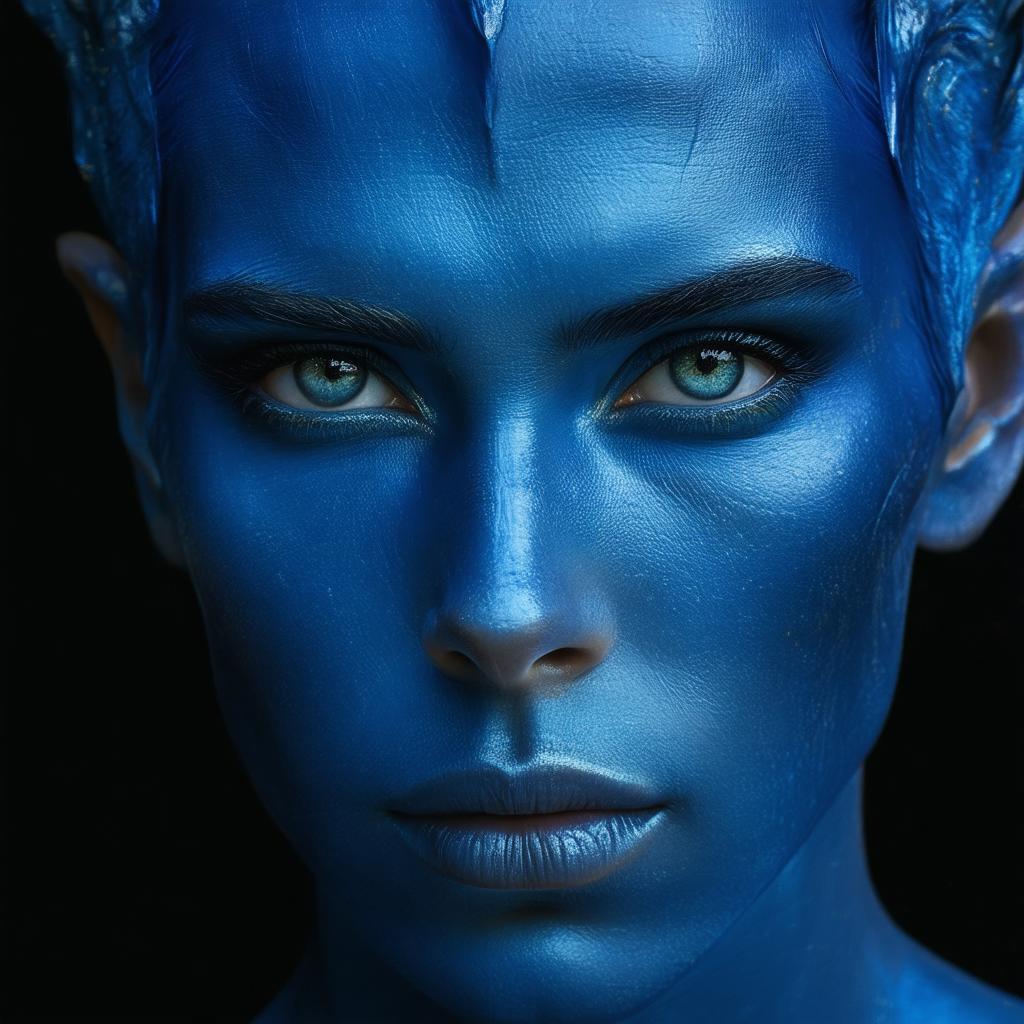 Blue Genasi Portrait With Film Grain