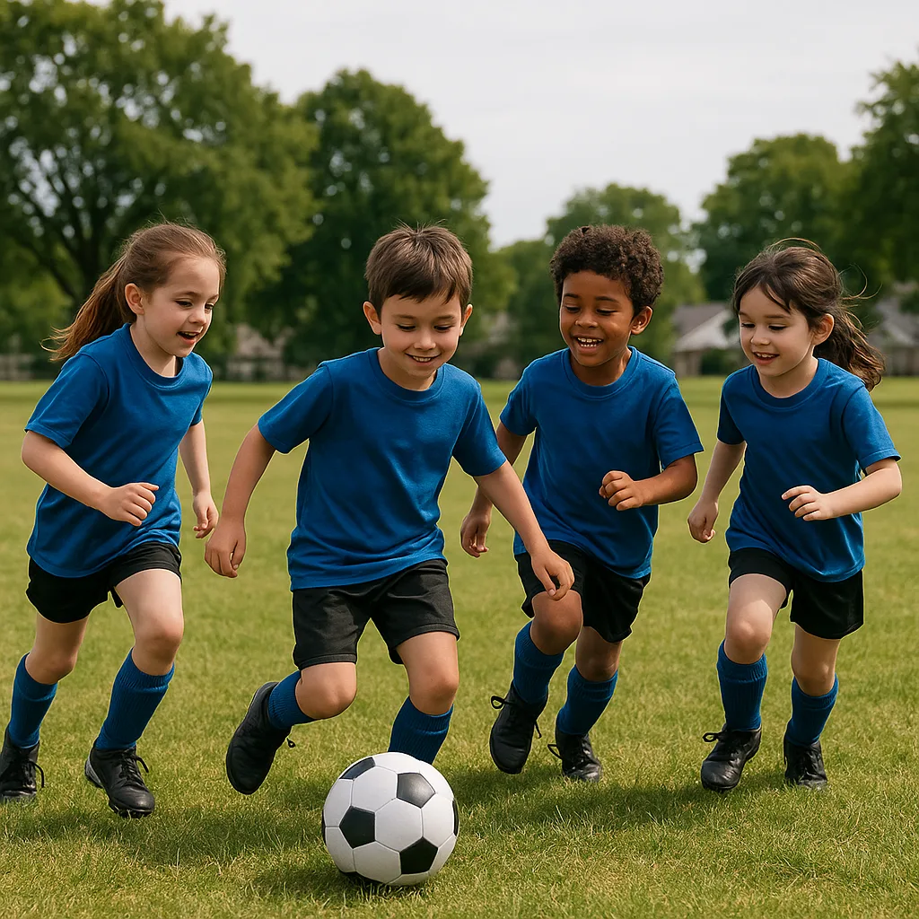 Children Wearing Blue Jerseys Are Playing Soccer on a Grassy