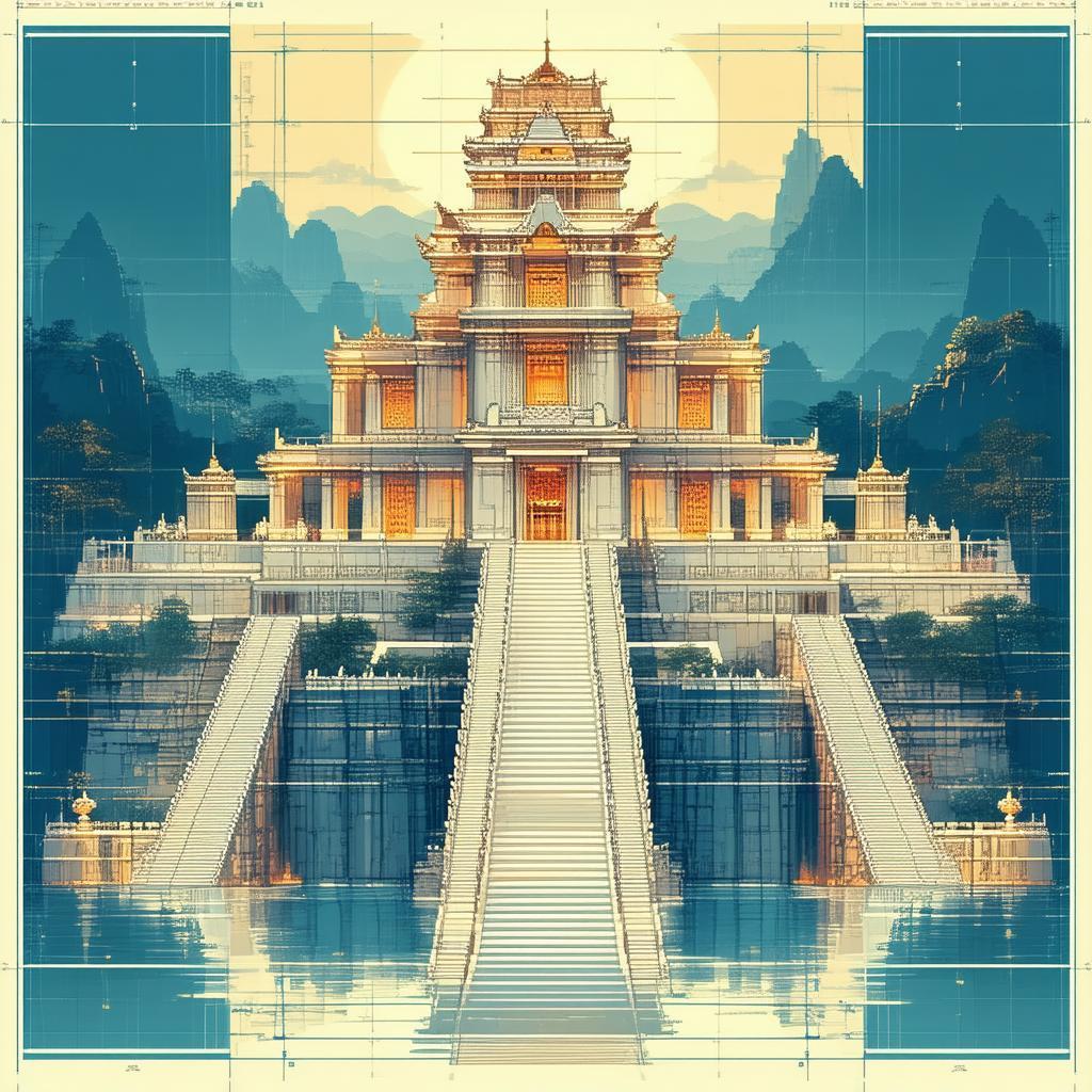 Pixel Blueprint of a Majestic Temple