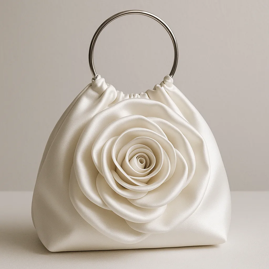 White Satin Handbag with a Large Rose Design