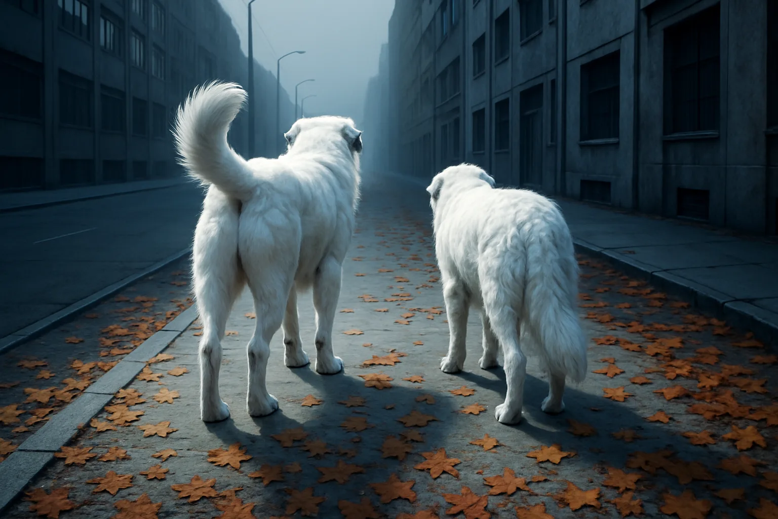 Two Kuvasz Dogs Traverse Autumnal Sidewalks Littered with Colorful Fallen