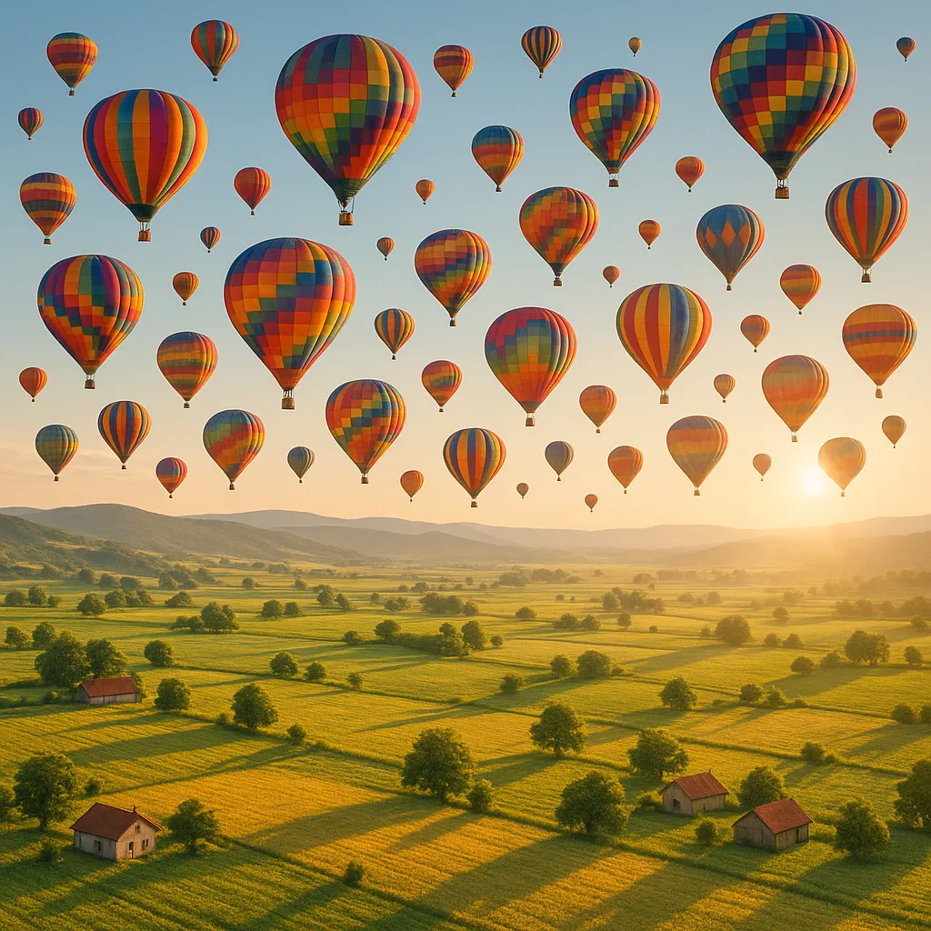 Scores of Vibrant Hot Air Balloons Drift Serenely in Unison