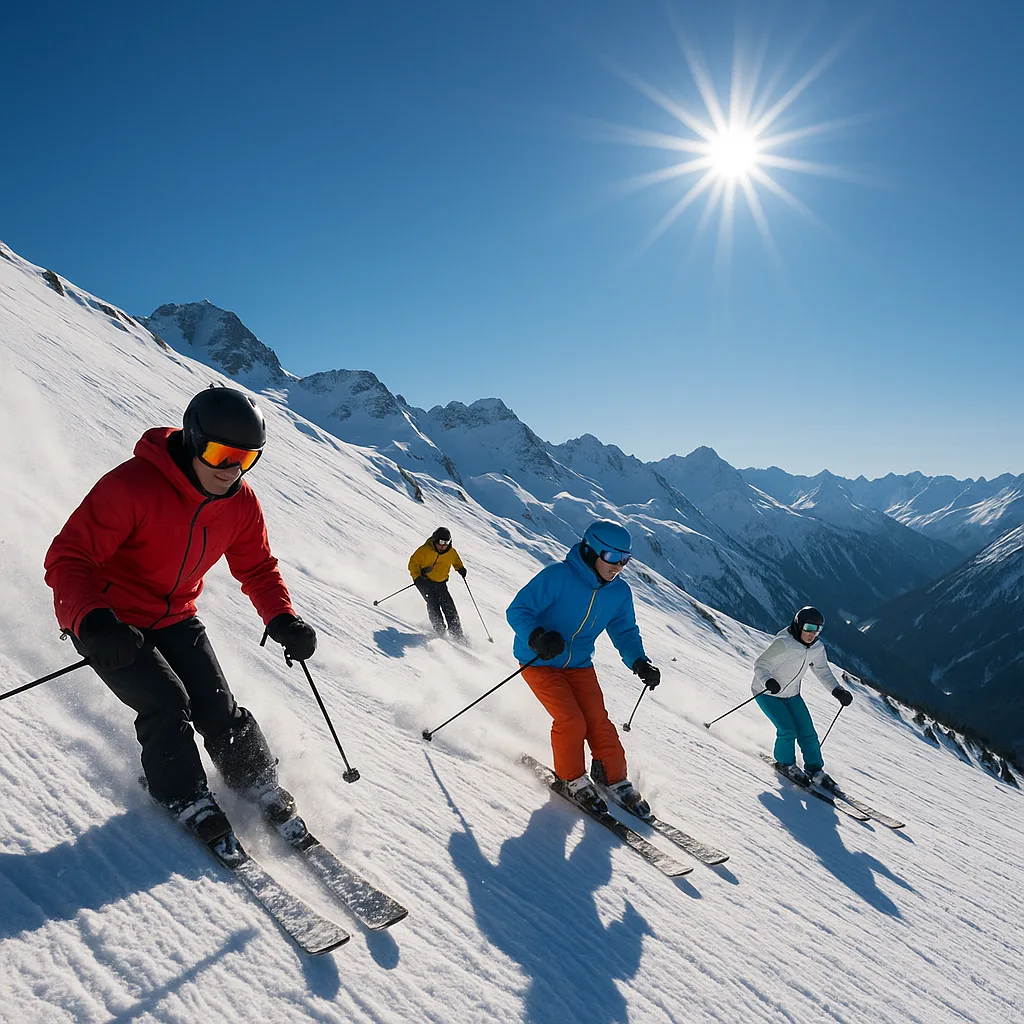Skiers Descend a Snowy Mountain Slope