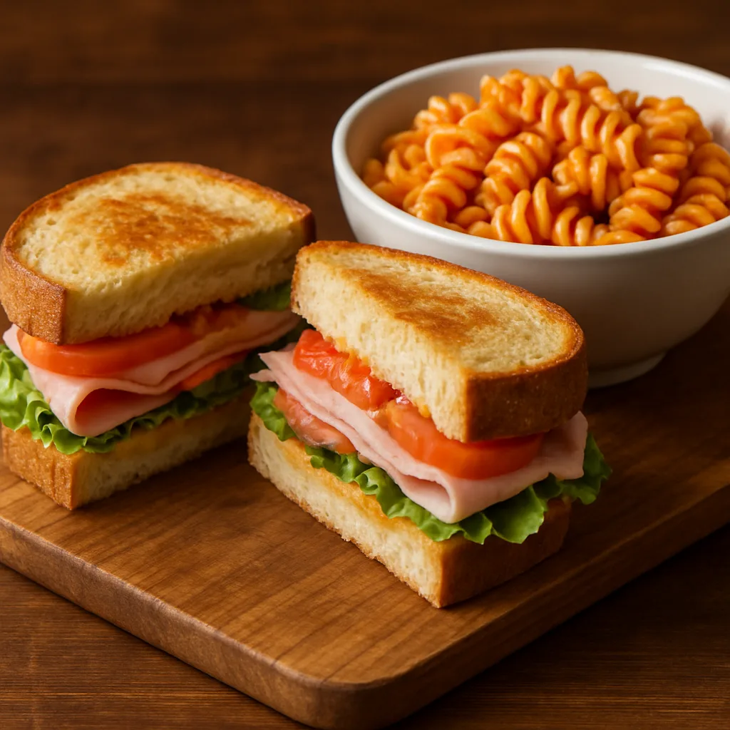 Wooden Board Holding a Sandwich Cut into Halves