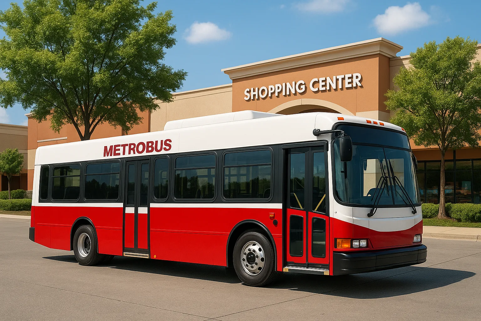 Red and White Local Metrobus Parked near a Shopping Center