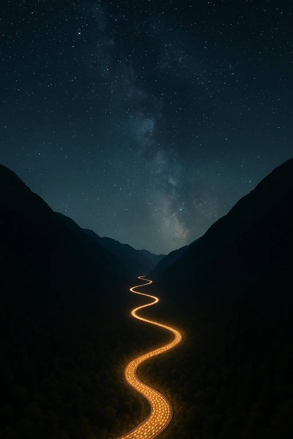Seemingly Endless River of Countless Tiny Vehicle Lights Snakes