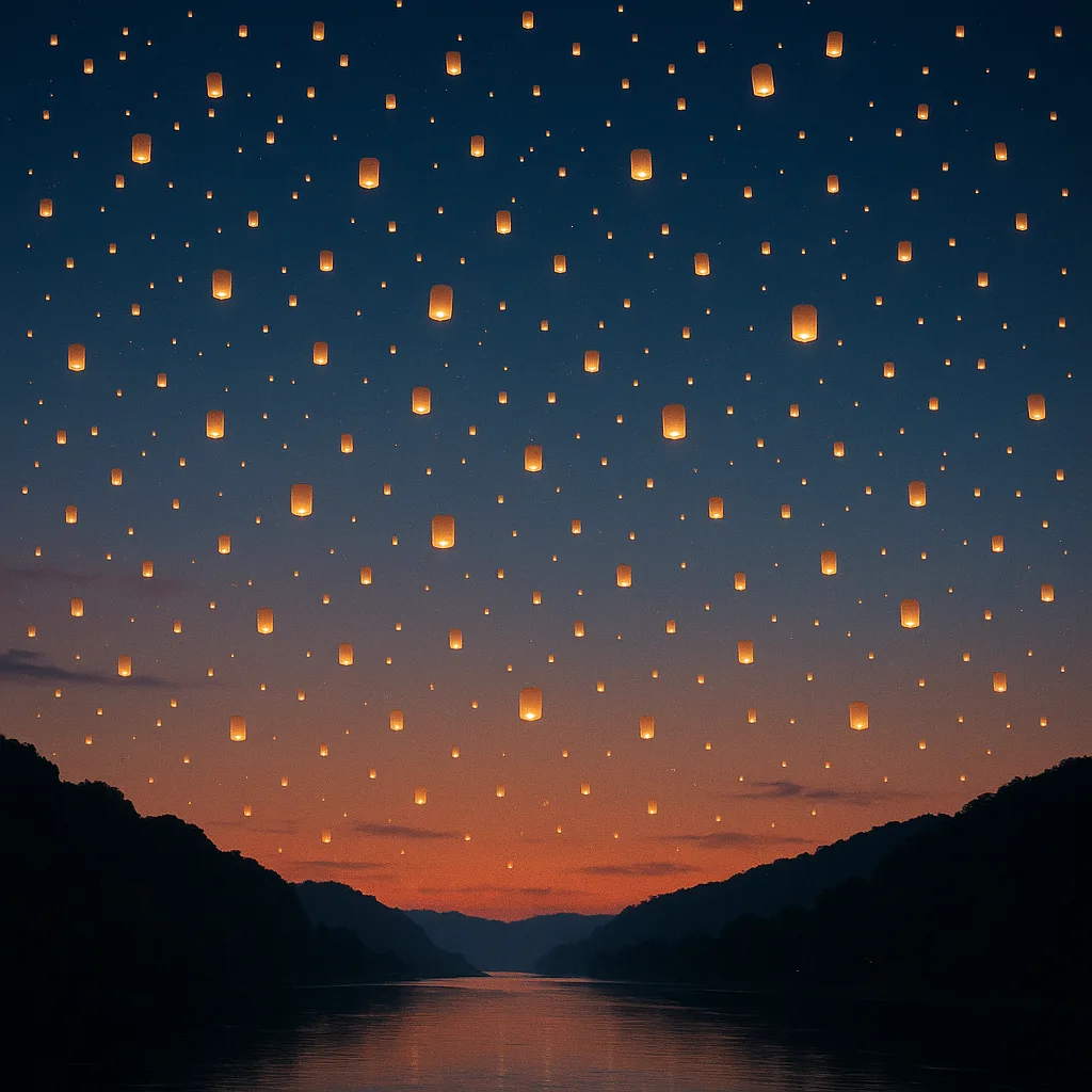 Countless Tiny Paper Lanterns Float Upwards into a Twilight Sky