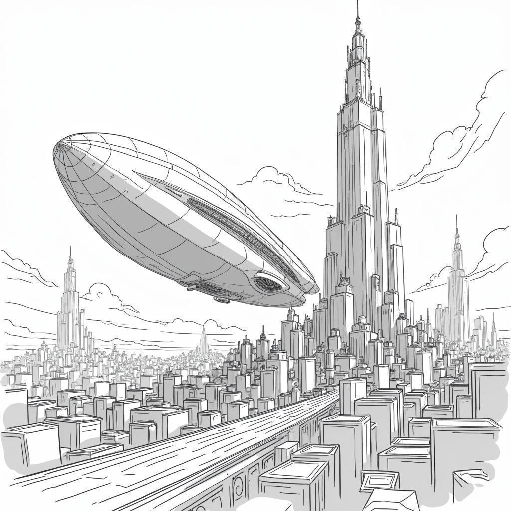 Zeppelin Spaceship Sketched Over the Metropolis