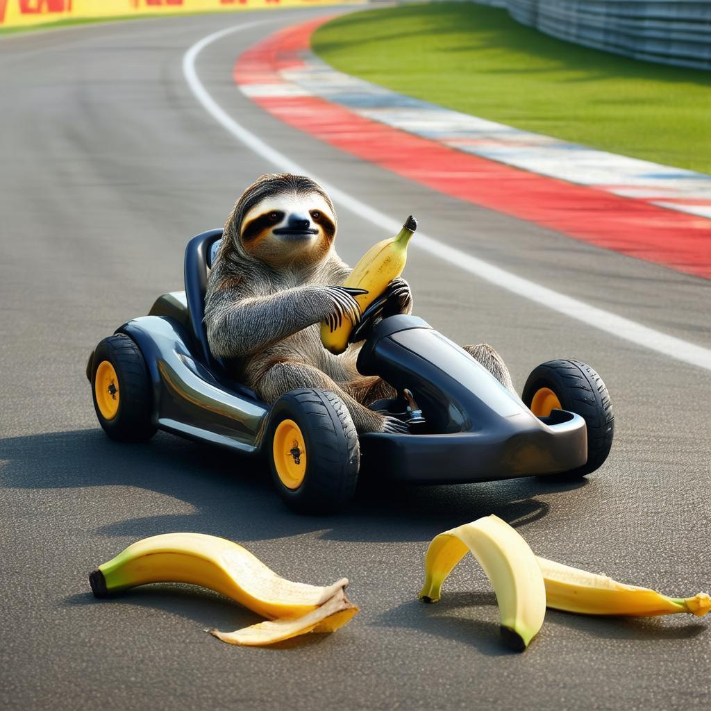 Sloth Racing a Go Kart With Banana